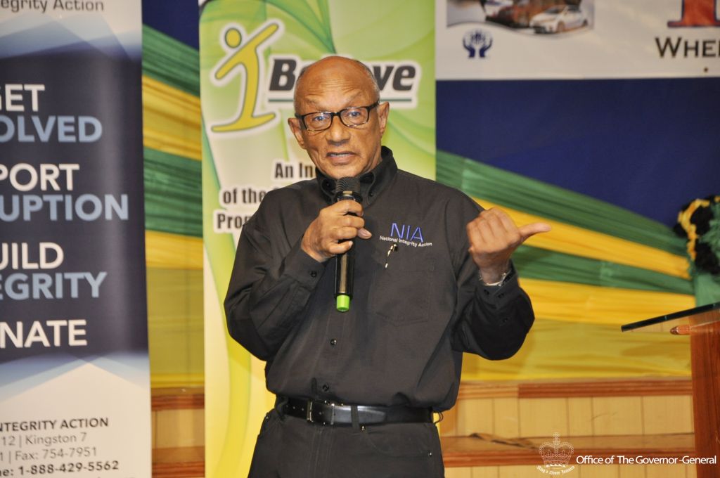 Executive Director of the National Integrity Action, Professor Trevor Munroe, responds to a question posed by a delegate of the I Believe Initiative (IBI) Youth Consultative Conference (YCC) for the County of Cornwall in Montego Bay on Thursday (October 13, 2016).