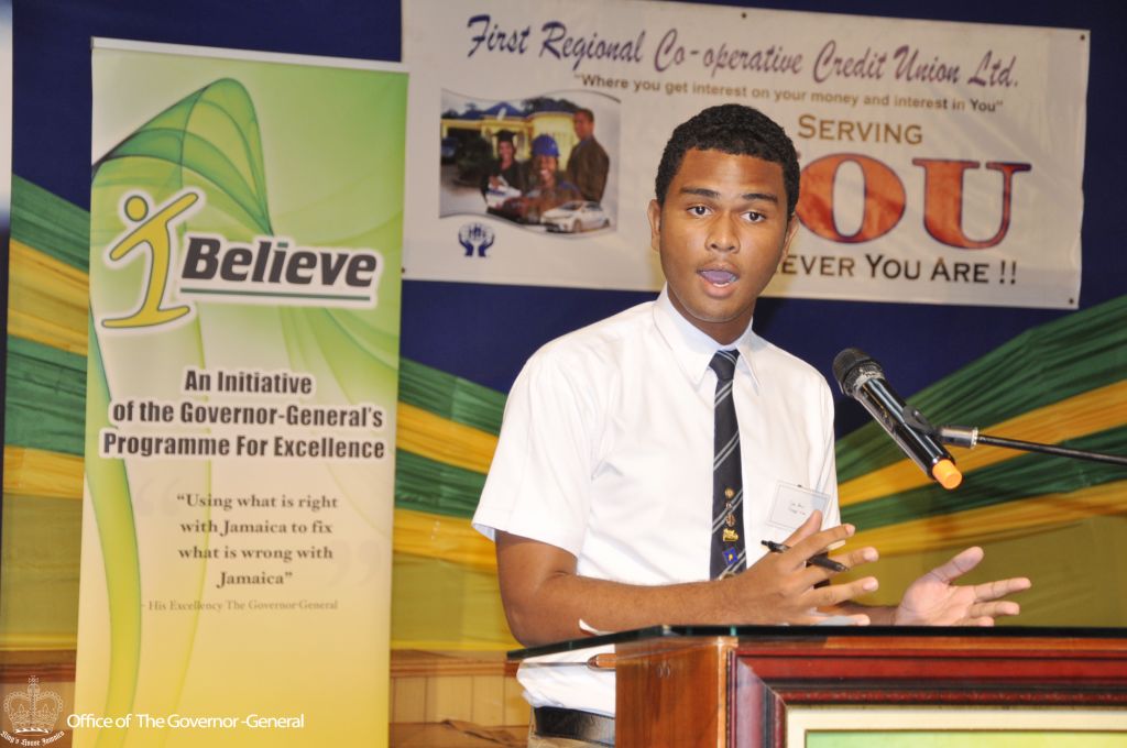 A student of Manning’s School presents his entrepreneurial idea of customized caskets during the segment of the IBI Youth Consultative Conference (YCC) hosted by Junior Achievement Jamaica in Montego Bay on Thursday (October 13, 2016).